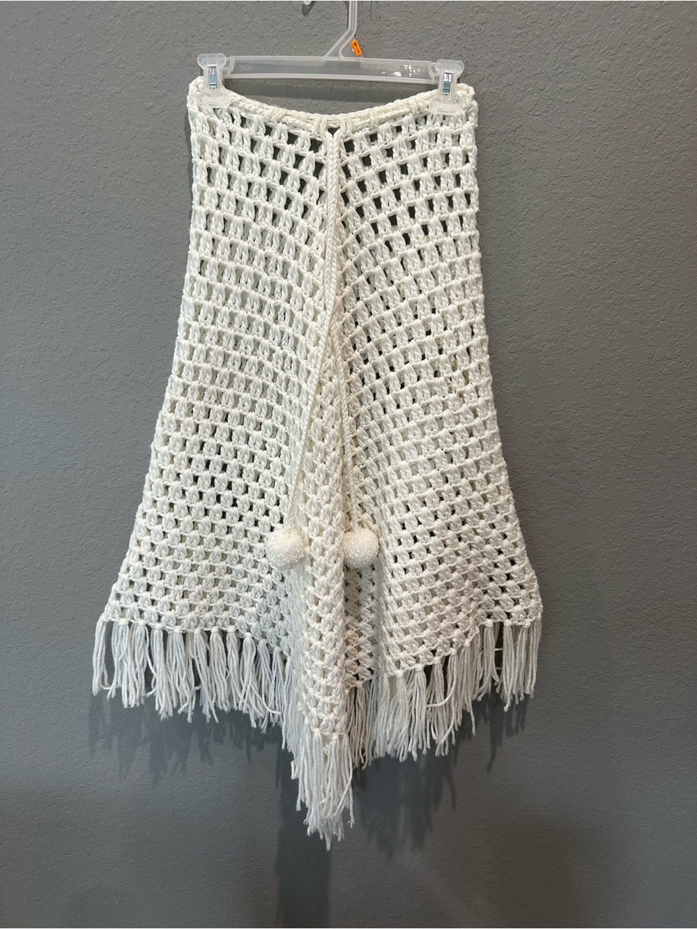 Hand Crafted Acrylic Crochet Poncho With Pom Poms In Cream
